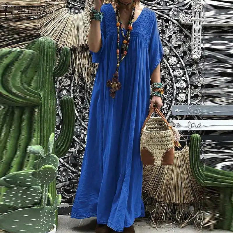 ZANZEA Maxi Vestido largo bohemio de mujer de encaje de ganchillo de verano con cuello en V manga acampanada Vestido veraniego sólido Kaftan fiesta playa Vestido holgado