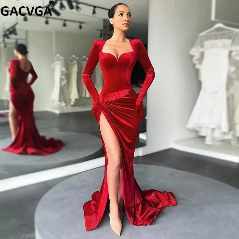 GACVGA Elegant Long Dress Evening Party Gown Outfits Women Gloves Sleeve Red Velvet Sexy Slit Maxi Dresses Bridesmaid Vestidos