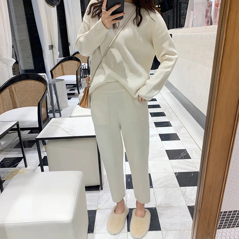 High Quality Women Cashmere Sweater Two Piece Knitted Sets Slim Tracksuit 2023 Autumn Winter Fashion Sweatshirts Sporting Suit