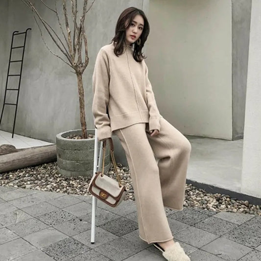 2023 Autumn Winter Thick Knitted Two Pieces Set Women Warm Half Turtleneck Pullover Sweater+Wide Leg Pants Warm Sweater Suit