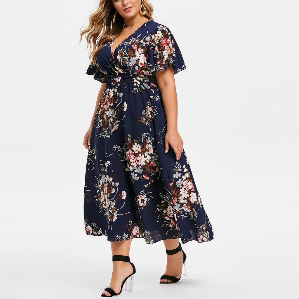 Summer Plus Size Bohemian Long Dress Women Casual Floral Printed V-neck Short Sleeve Casual Floral Beach Party Dress Vestidos