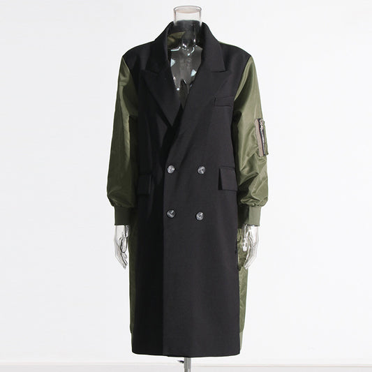 Automne hiver conception de Niche couture contraste couleur ample décontracté tout assorti longue Trench manteau femmes