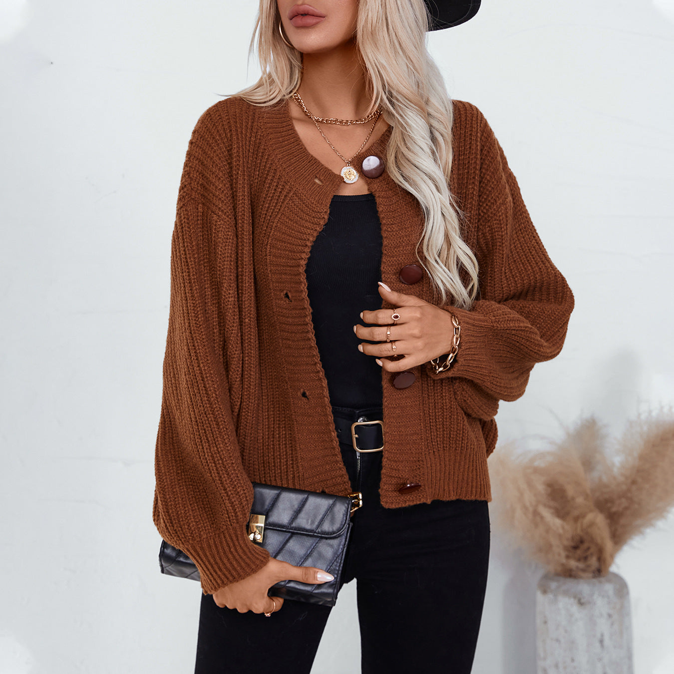 Autumn Winter Solid Color Single Breasted Knitted Cardigan Women Clothes Loose Fitting Long Sleeve Sweater Coat