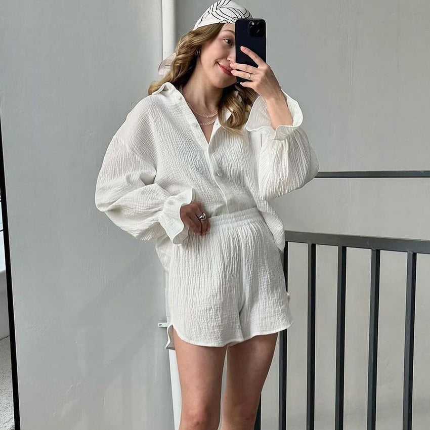 Autumn Pure Cotton Pajamas Women Comfortable Soft Outer Wear Long Sleeve Shorts Two Piece Set