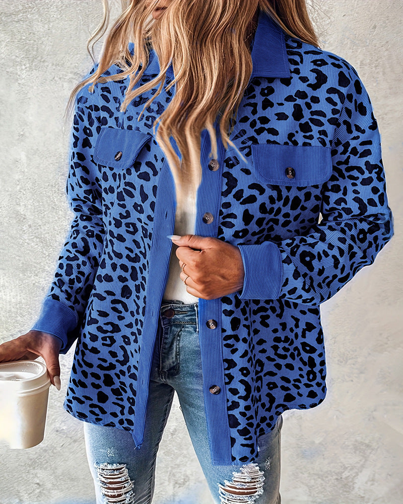 Chaqueta de manga larga con estampado de leopardo y color en contraste para mujer