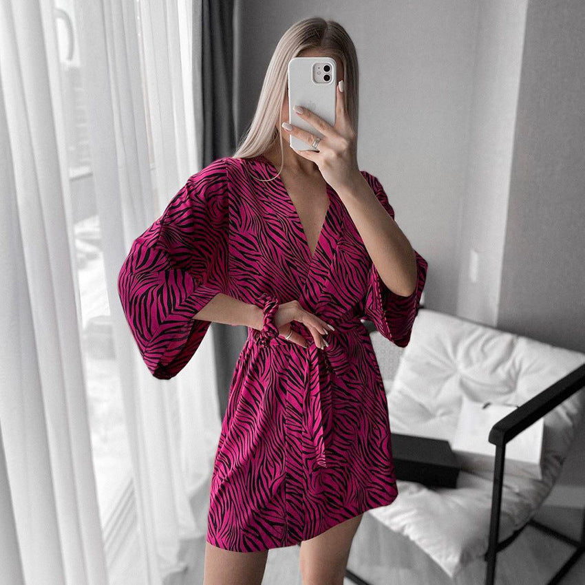 Autumn Rose Red Printed Cardigan Lace up Nightgown Loose Casual Soft Ladies Homewear