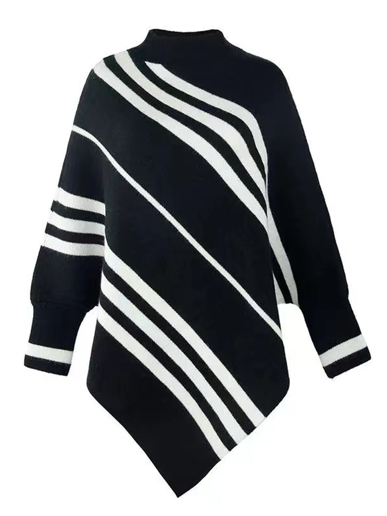 Women Sweater Irregular Asymmetric Striped Mock Neck Batwing Sleeve Pullover Sweater Shawl Cape