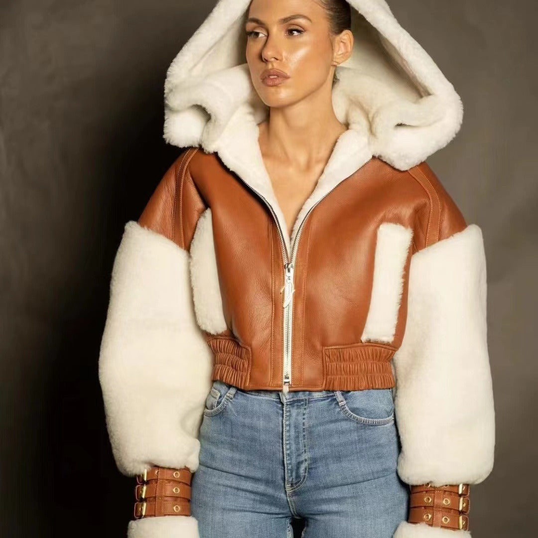 Fur One Piece Lamb Fur Short Coat Women Winter Retro Patchwork Contrast Color Hooded Motorcycle Jacket Top