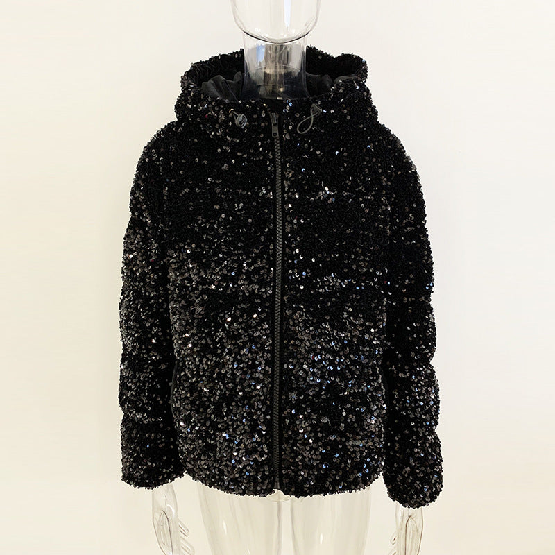 Chaqueta de plumón de pato blanco con lentejuelas y terciopelo ostentoso de Winter Star Bling