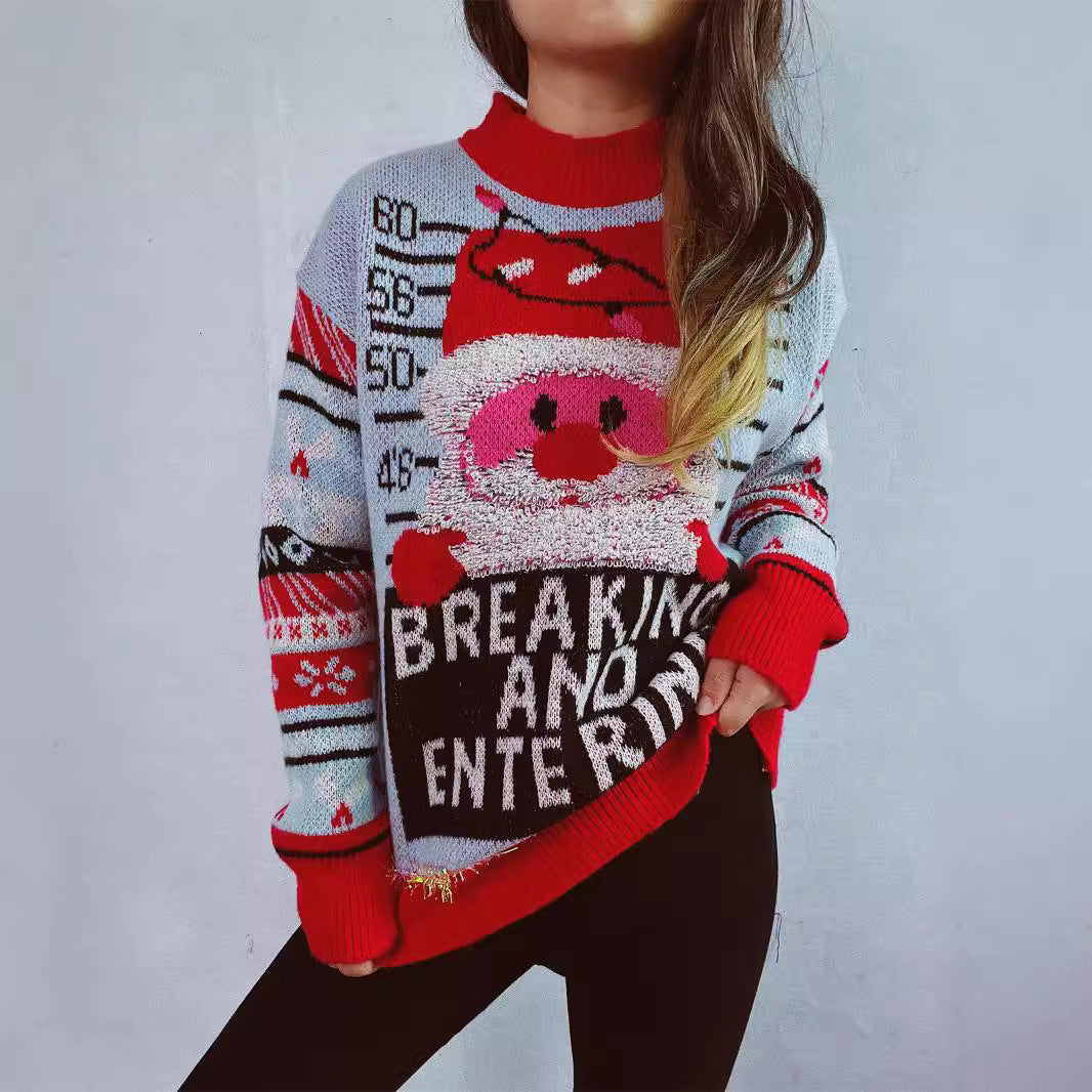 Autumn Winter Santa Claus Embroidered Gold Thread Sweater Cute Pullover Christmas Sweater for Women