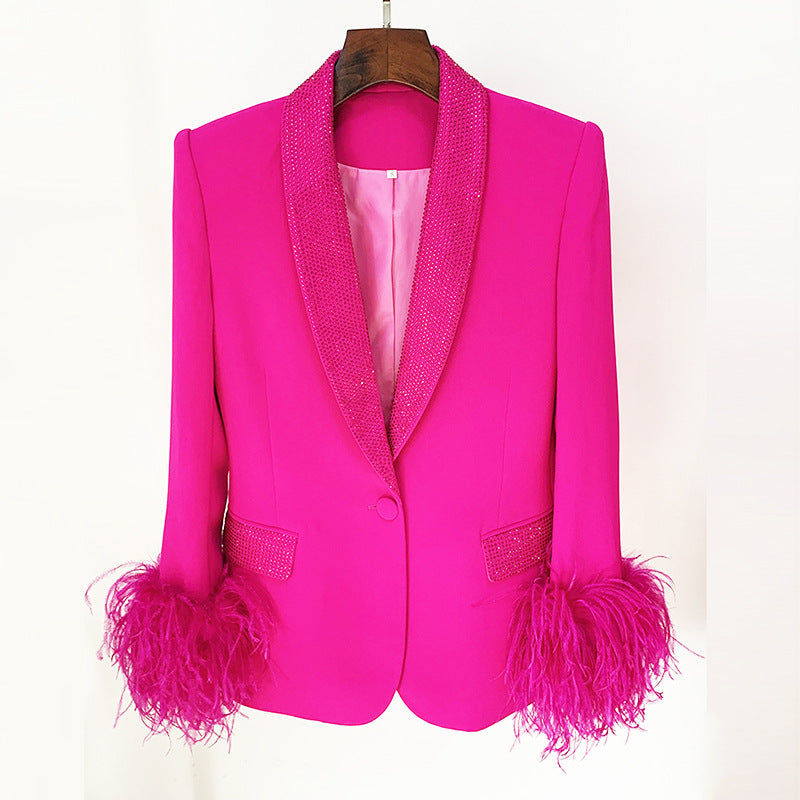 Goods Star Luxury Ostrich Feather True Feathers Rhinestone Green Fruit Collar Blazer