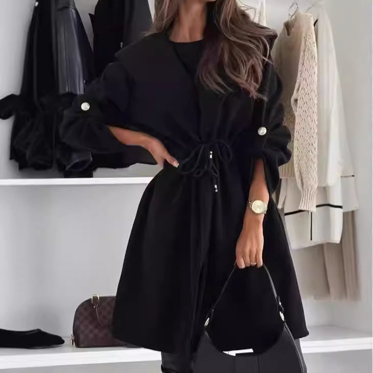 Tie Hooded Collared Women Casual Long Sleeve Autumn Winter Coat