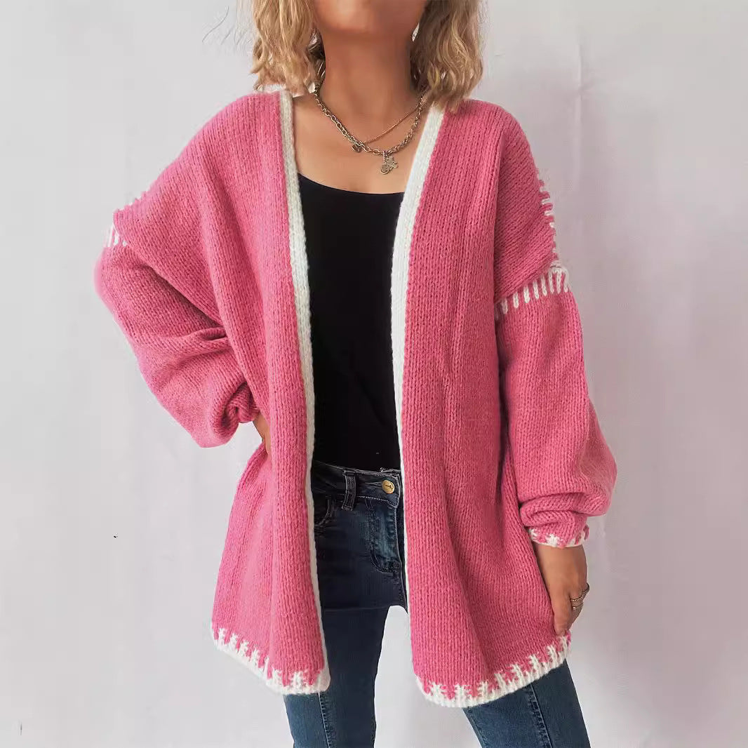 Sweater Women Outer Wear V neck Knitted Cardigan Loose Preppy Chic Contrast Color Early Autumn Coat