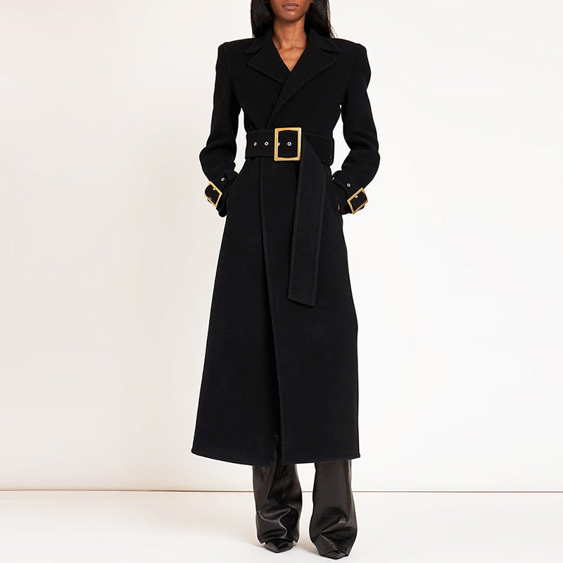 Goods Autumn Winter Star Simple Series Belt Long Woolen Coat Woolen Coat