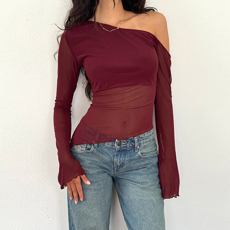 Autumn Casual Wild Shoulder Gauzy off the Shoulder Long Sleeve Top for Women