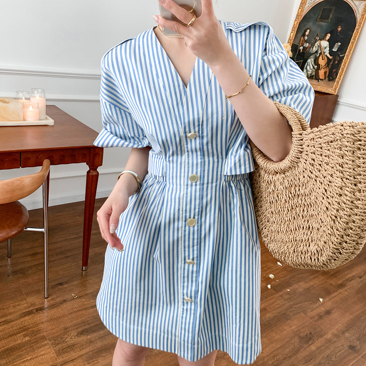 Summer New Retro Navy Style V-neck Short Sleeve Deconstructed Striped Shirt Dress