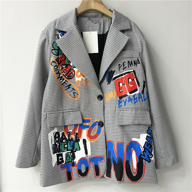 Autumn Niche Graffiti Design British Plaid Loose Women Jacket Hong Kong Blazers