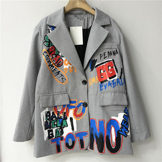 Chaqueta holgada a cuadros estilo británico con diseño de grafiti de nicho de otoño para mujer Blazers de Hong Kong