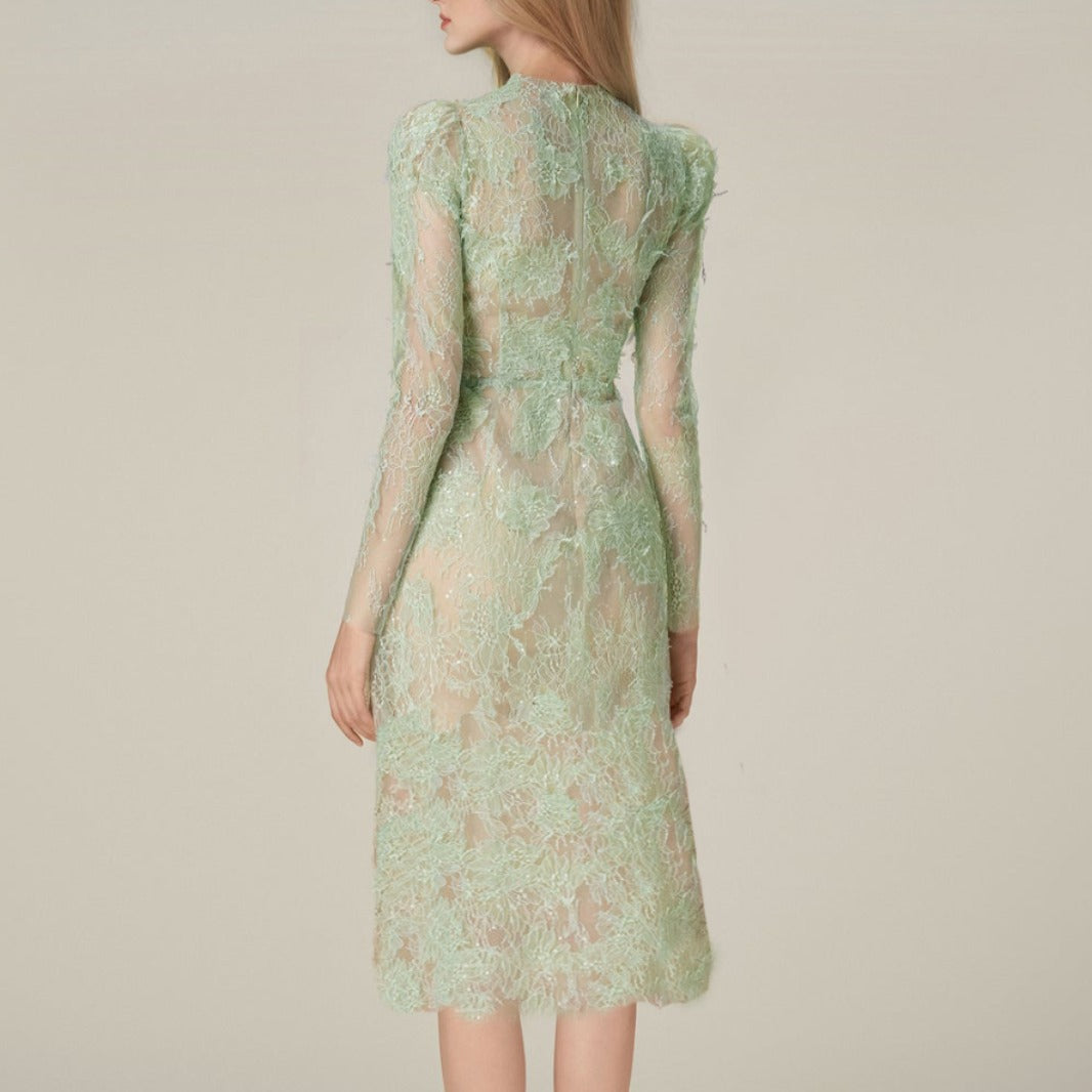 Spring Sequin Embroider Super Slim Dress Lace Mid-length