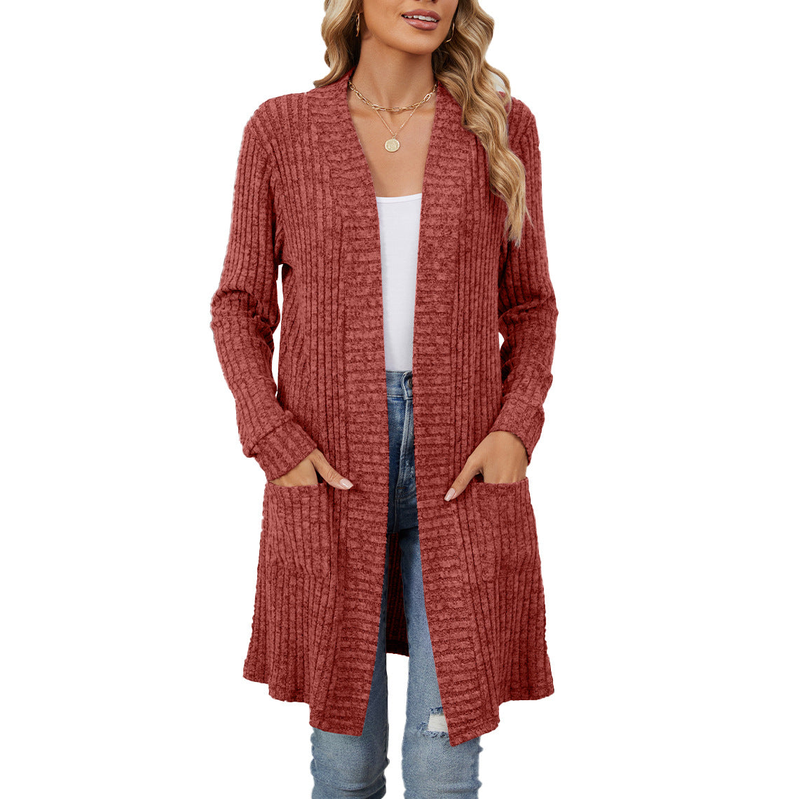 Automne hiver longue couleur unie à manches longues poches lâches Cardigan manteau femmes vêtements