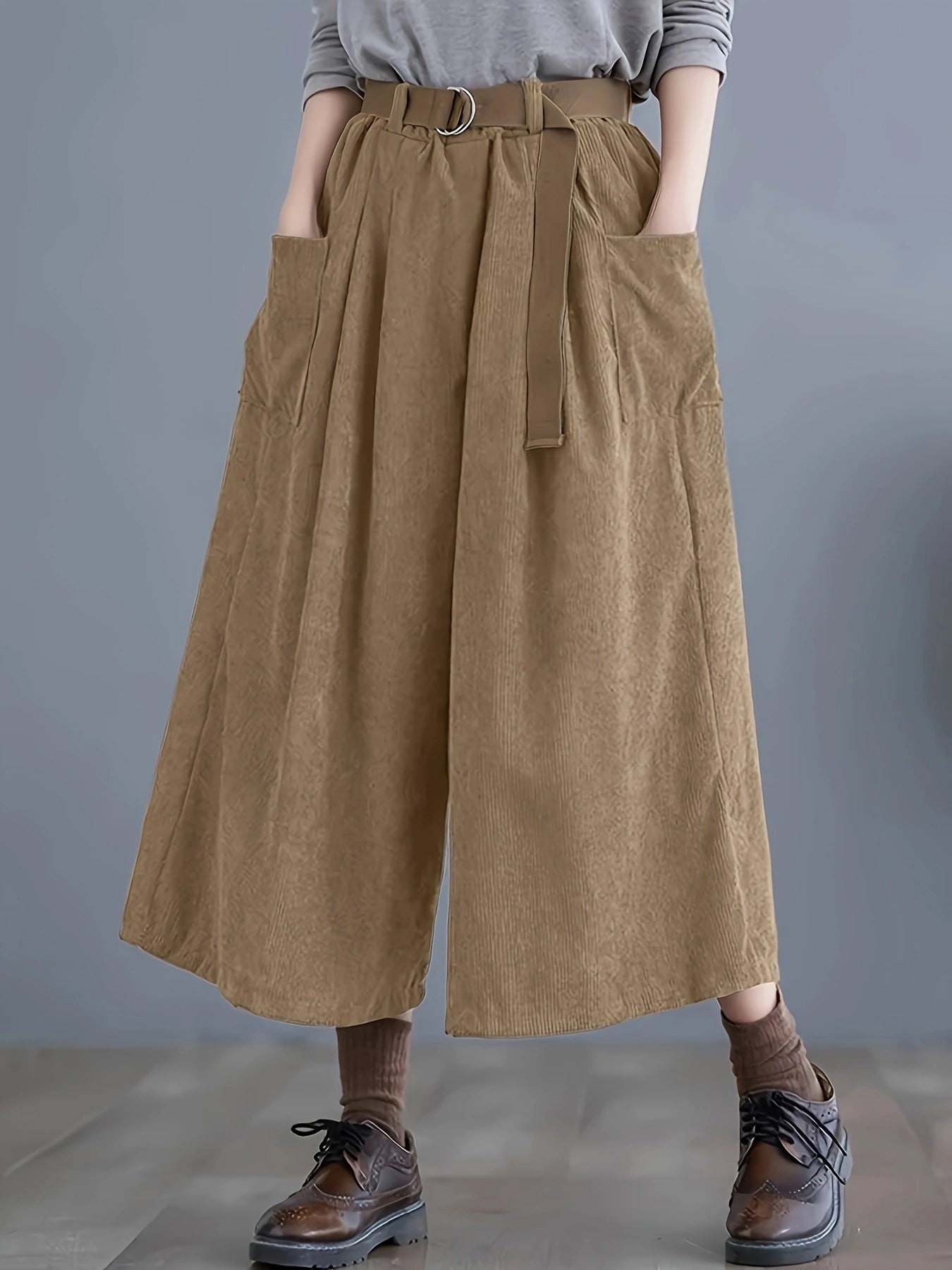 Autumn Winter Solid Color Cropped Wide Leg Pants with Pockets Yamamoto Casual Corduroy Belt Pants