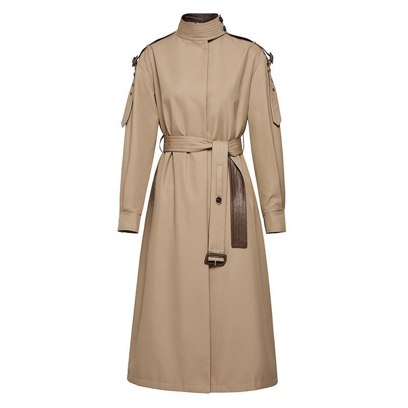 Element Automne Gracekelly Cuir Patchwork Deux Couleurs Simple Gracieux Élégant Trench Allongé