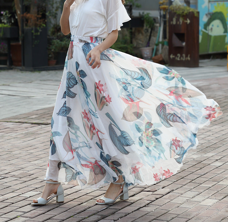 Chiffon Skirt Printed Floral High Waist Slimming