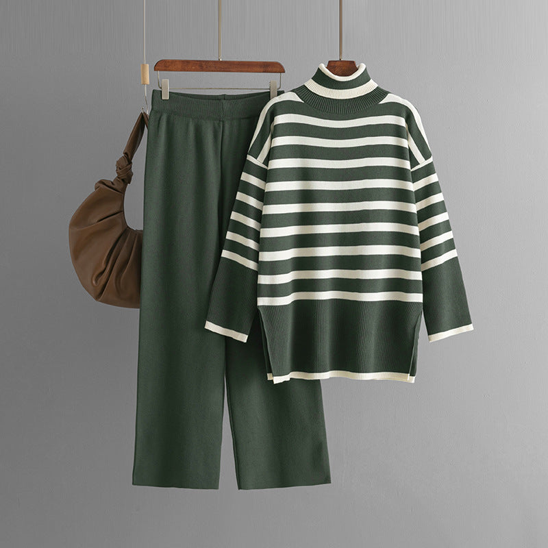 Striped Turtleneck Sweater for Women Autumn Winter Loose Design Sweater Pullover Top Two Piece Set