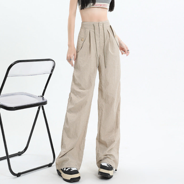 American High Street Cool Drawstring Lace-up Casual High Waist Wide Leg Pants