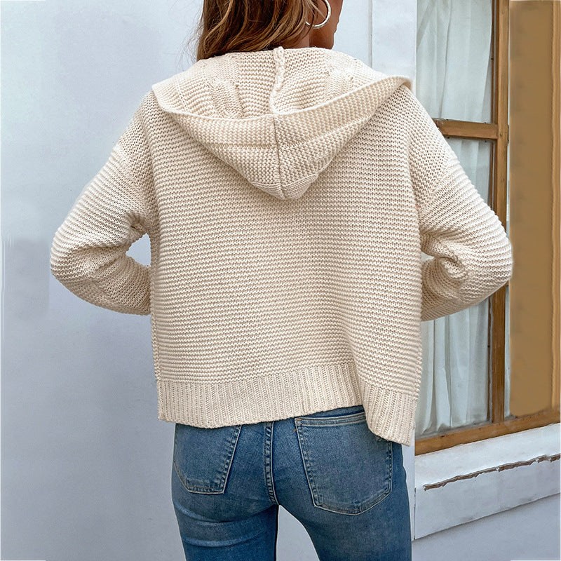 Pull tricoté à capuche pour femme, couleur unie, automne-hiver, cardigan pour femme