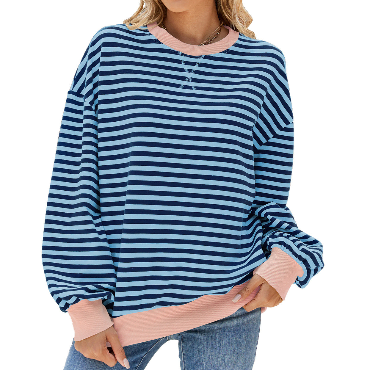 Autumn Winter Striped Round Neck Contrast Color Loose Long Sleeve Sweatershirt Coat Women