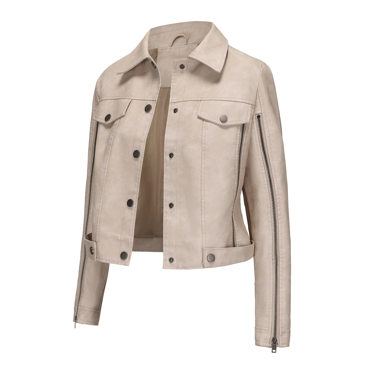 Veste de moto à fermeture éclair avec décorations, cardigan à manches longues, veste populaire, printemps-automne, manteau en cuir fin pour femmes