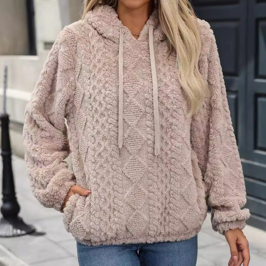 Suéter con capucha y manga larga holgado de tejido jacquard de felpa para mujer Otoño Invierno