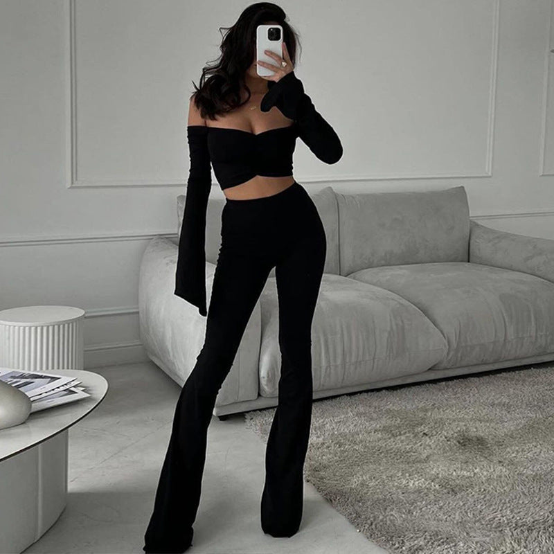 Women Clothing Autumn Off Shoulder Long Sleeve Slim Fit Flared Pants Casual Set Women