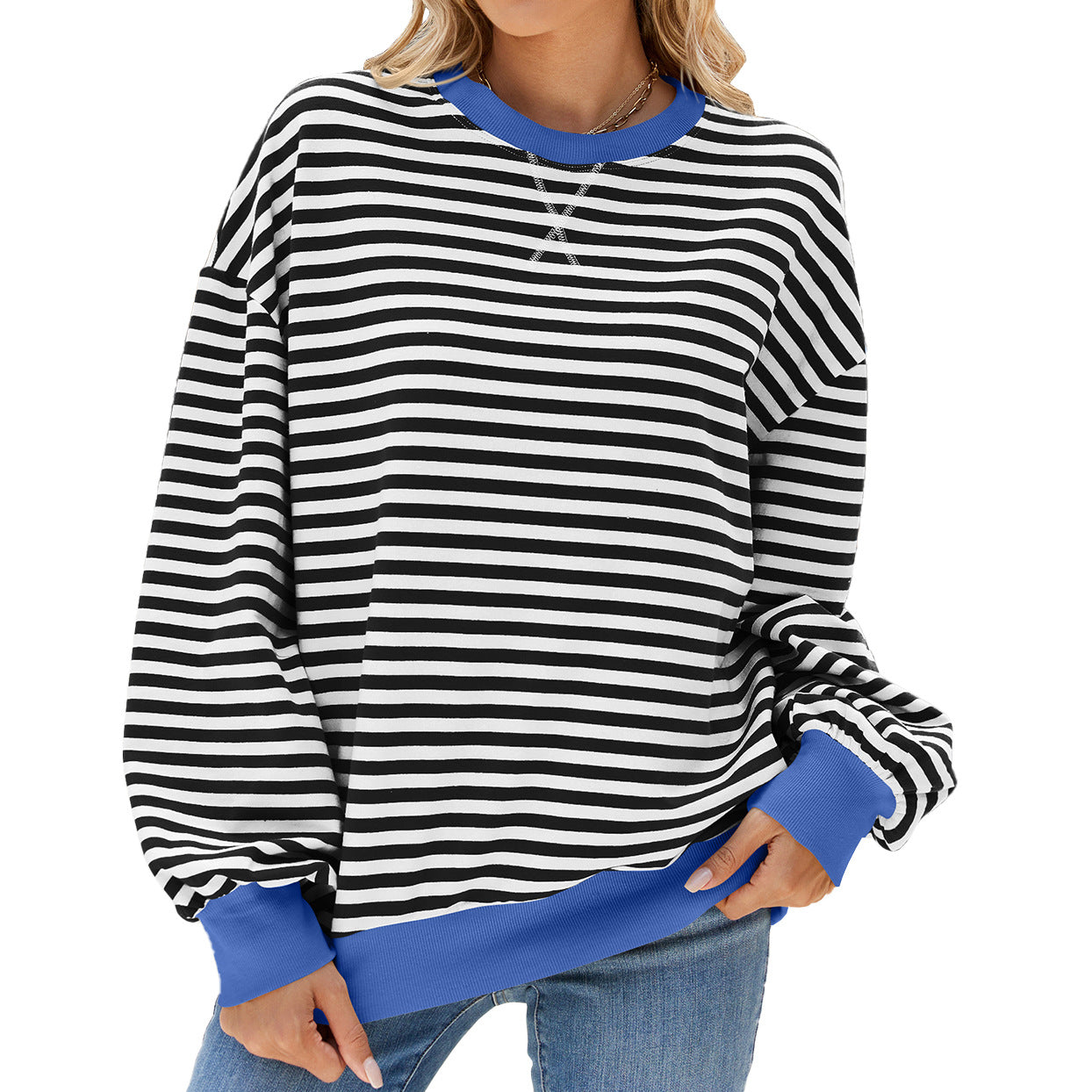 Autumn Winter Striped Round Neck Contrast Color Loose Long Sleeve Sweatershirt Coat Women