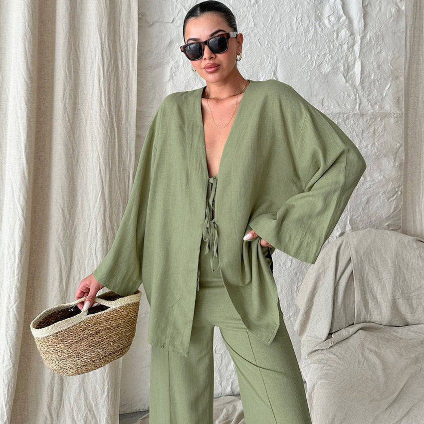 Autumn Cotton Breathable Green Long Sleeved Trousers Women Cardigan Pajamas Home Wear