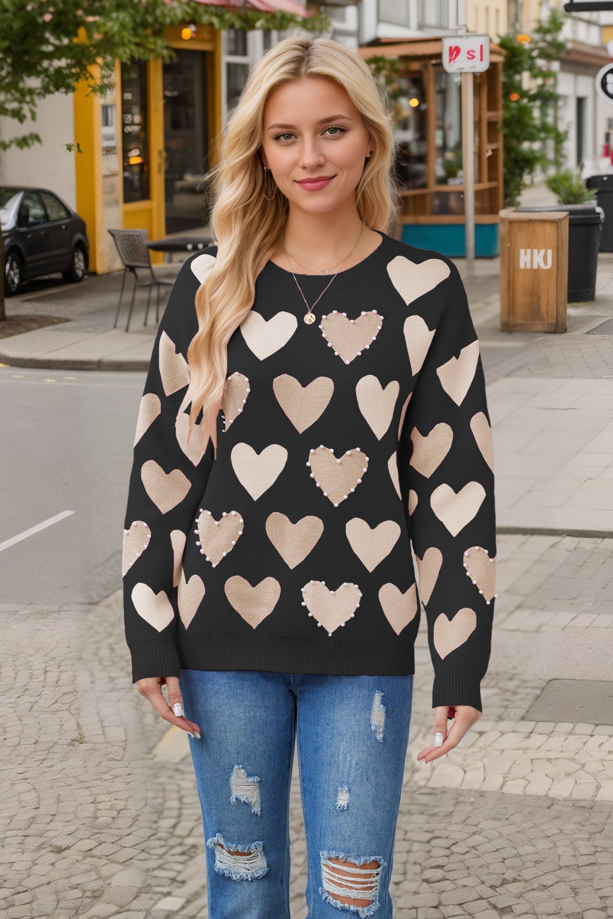 Pull-over pêche à col rond fait main avec perles en forme de cœur pour la Saint-Valentin, automne et hiver