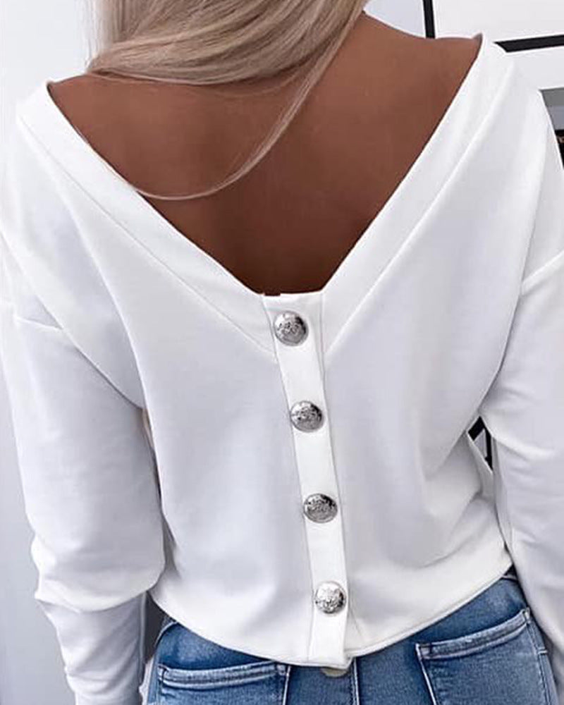 Women's White Backless Long Sleeves Top