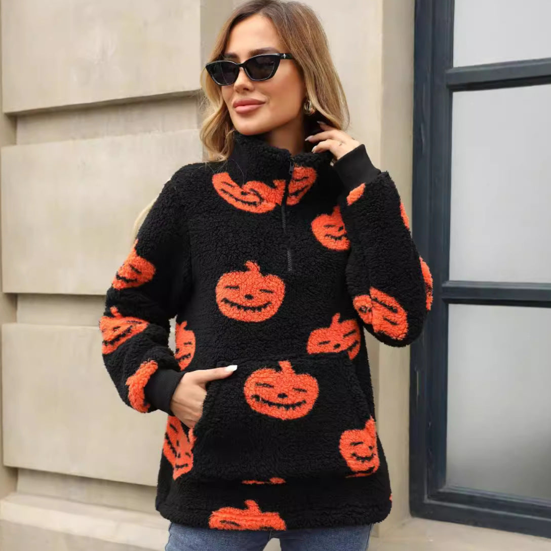 Suéter de felpa con media cremallera y estampado de calabaza de Halloween para mujer Otoño Invierno