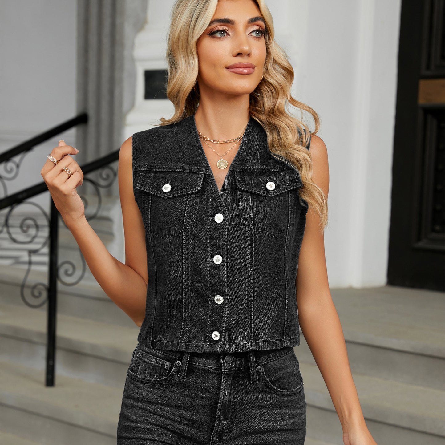 Gilet en jean slim délavé pour femme