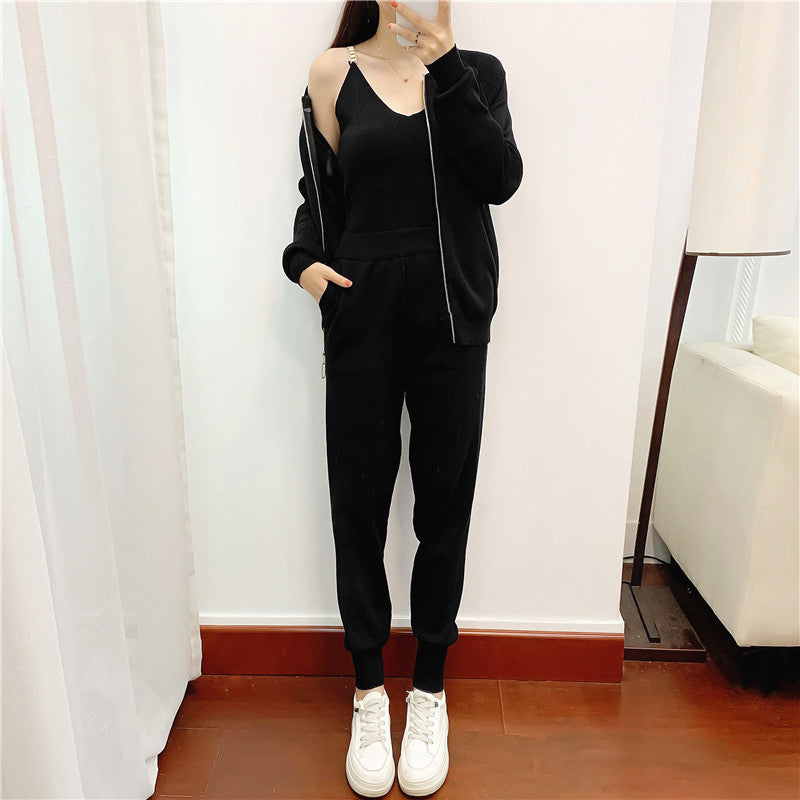 Spring Autumn Korean Sweet Chain Vest Knitted Coat Skinny Trousers with an Elasticated Waist Three Piece Set for Women