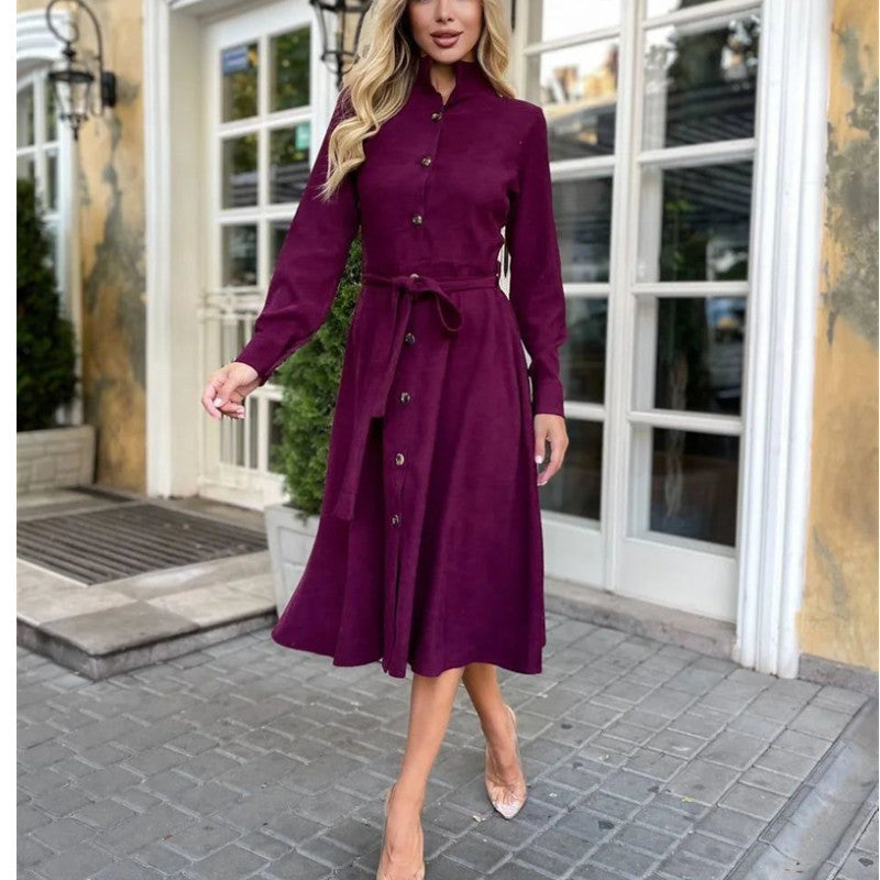 Vestido camisero con botones atados de color liso para mujer Otoño Invierno