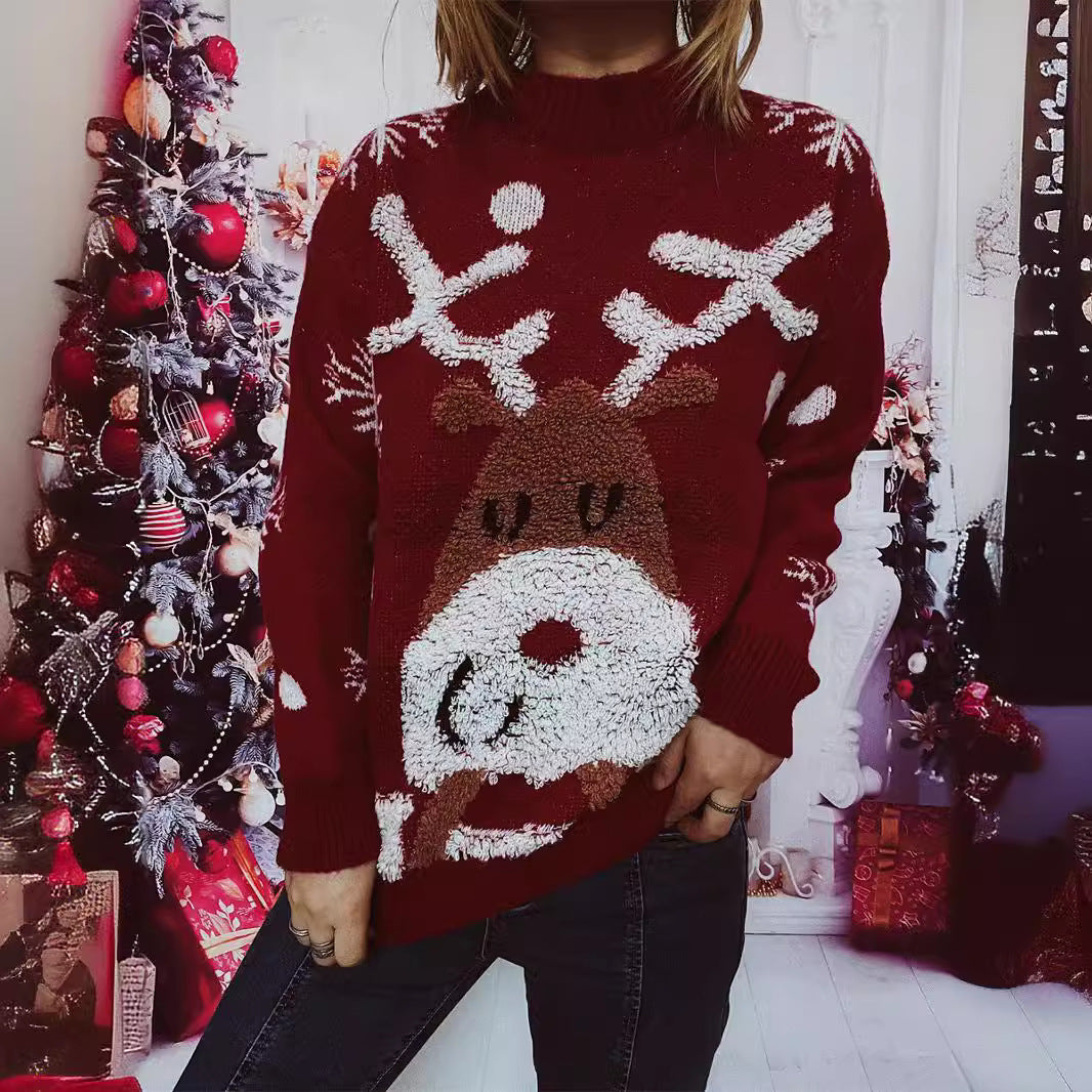 Pull de Noël en tricot à col rond avec motif élan et flocons de neige