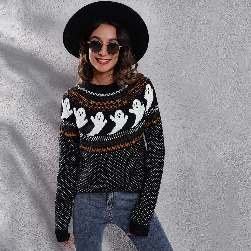 Ghost Skull Jacquard Retro Dots Long-Sleeved Knitted Sweater Loose Autumn Winter Women Halloween