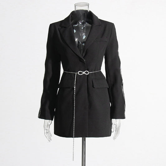 Automne élégant gracieux Simple chaîne décoration taille serré minceur Blazer femmes vêtements