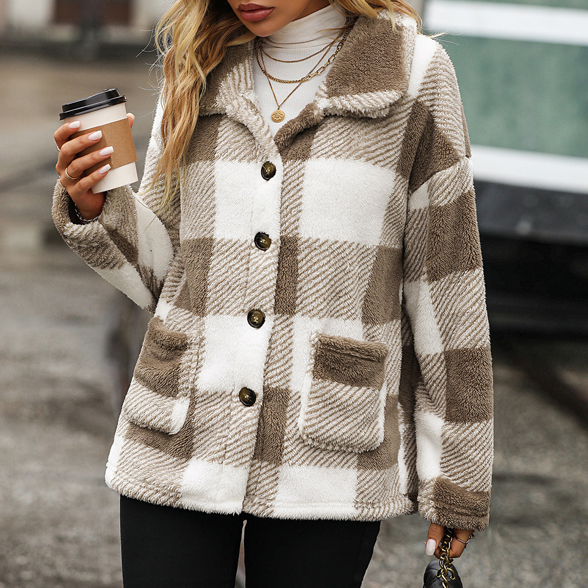 Chaqueta informal de felpa con una sola botonadura y cuadros de manga larga con cuello para mujer de otoño e invierno