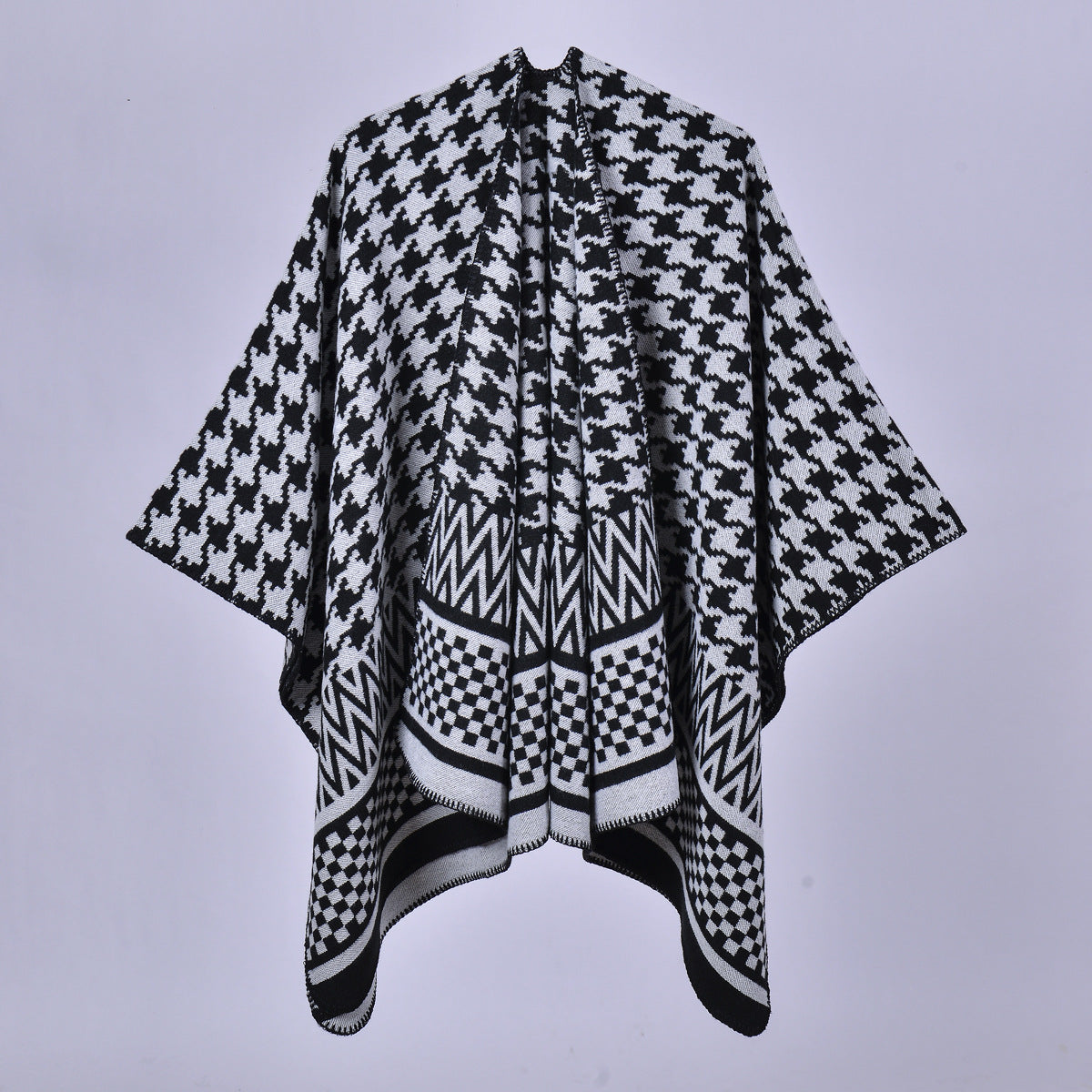 Women Autumn Winter Warm Shawl Classic Houndstooth Cape Knitted Scarf Shawl Split Cloak