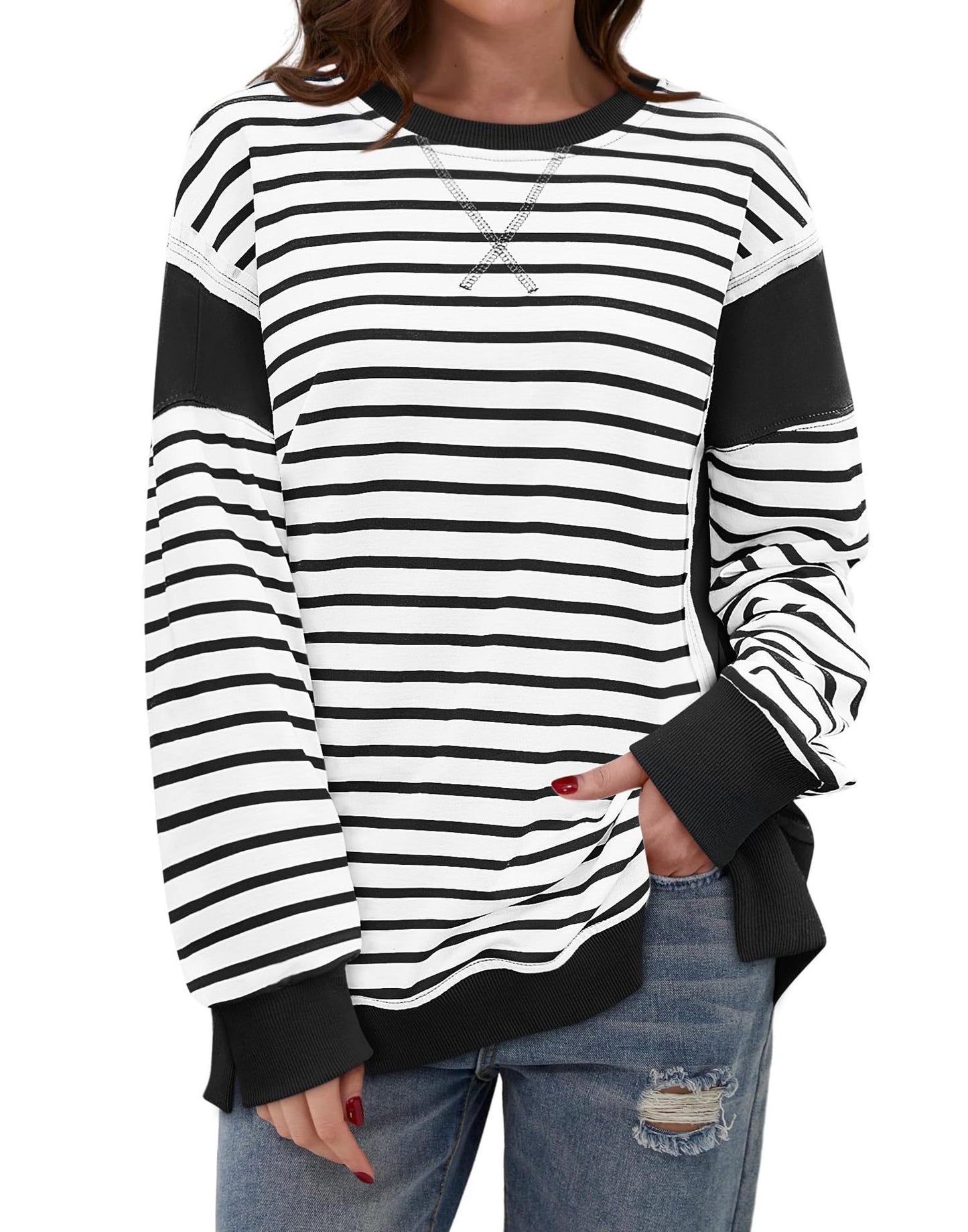 Women Clothing Women Multicolor Hoodie Striped Color Contrast Long Sleeve T Shirt