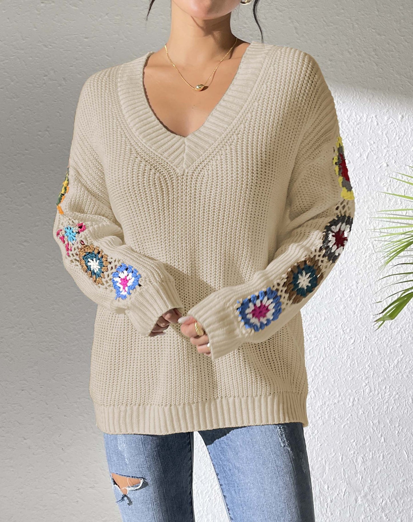 Otoño Invierno ropa de mujer Color mezclado al azar gancho de mano costura Floral cuello en V suéter