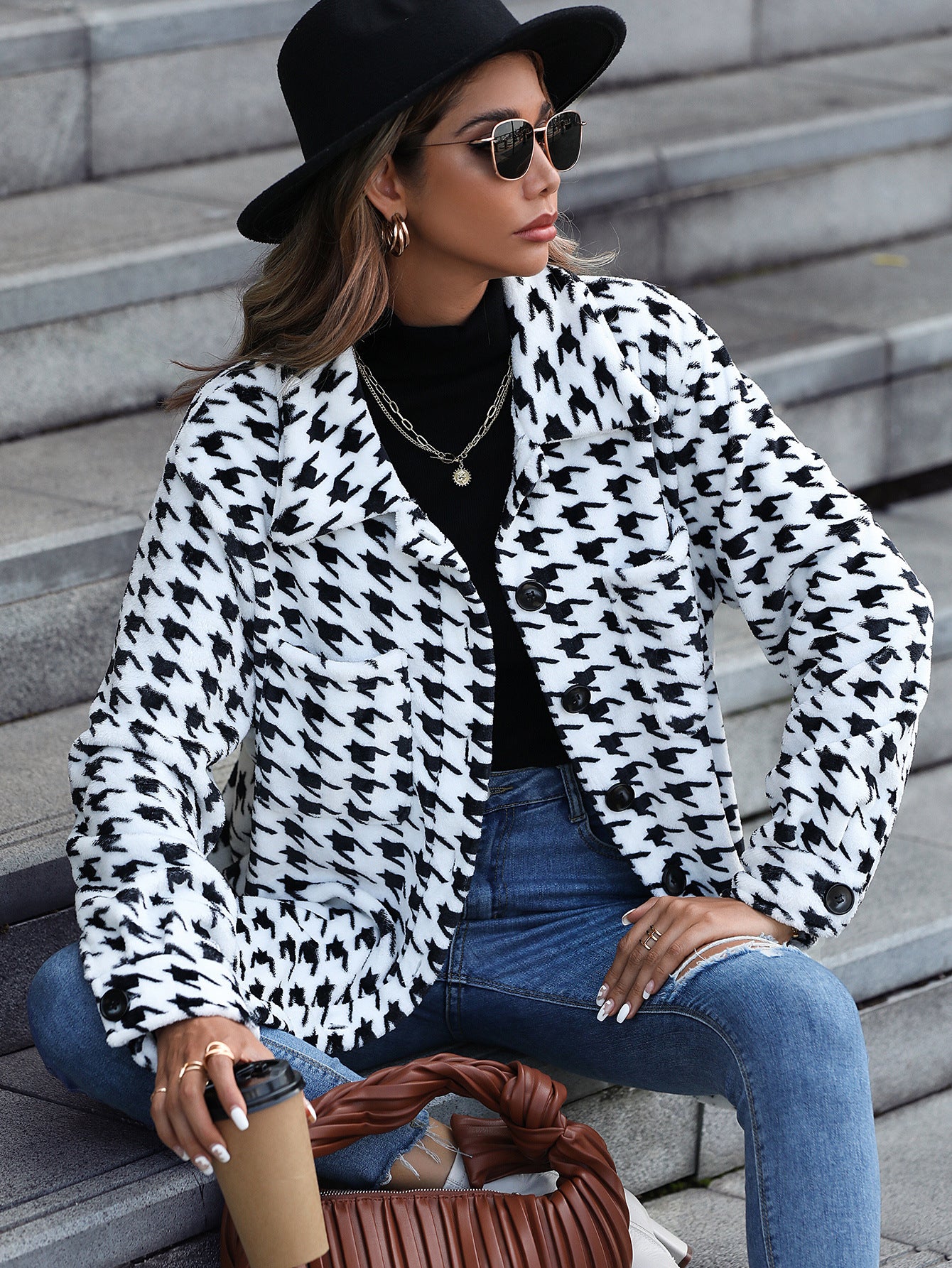 Velvet Autumn Casual Plush Women Long Sleeve Loose Houndstooth Mid-Length Flannel Blazer Collar Coat